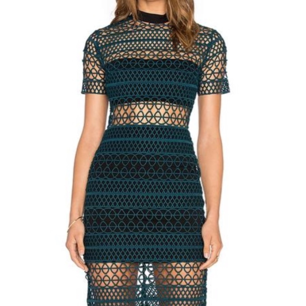 Self-Portrait Green High Neck Column In Dark & Black Cocktail Dress US4/UK8